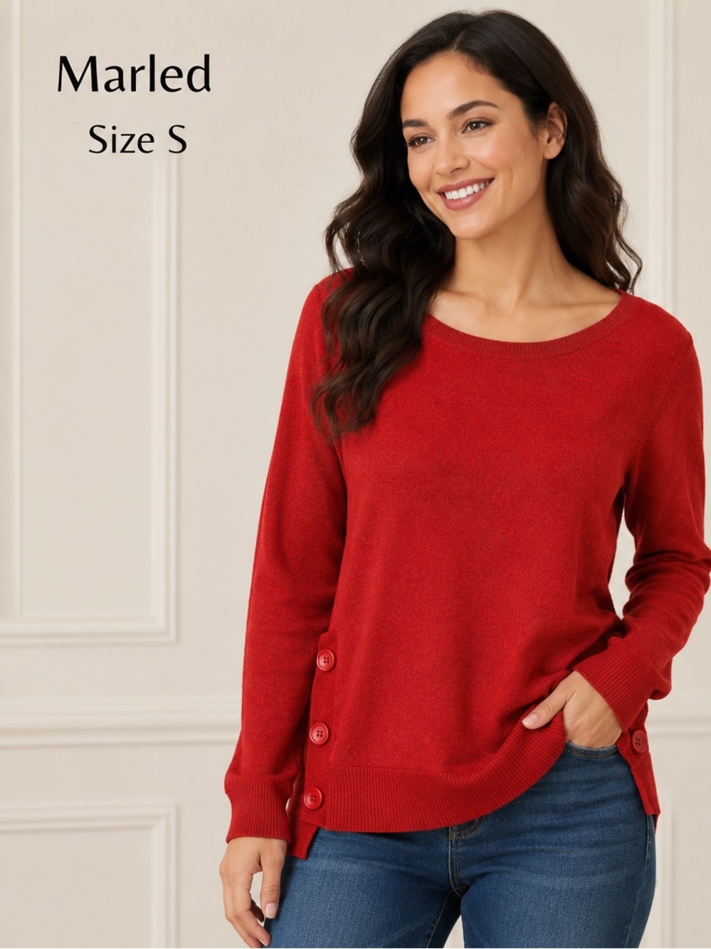 Marled Red Side Button Knit Sweater Size Small Cozy Lightweight Pullover